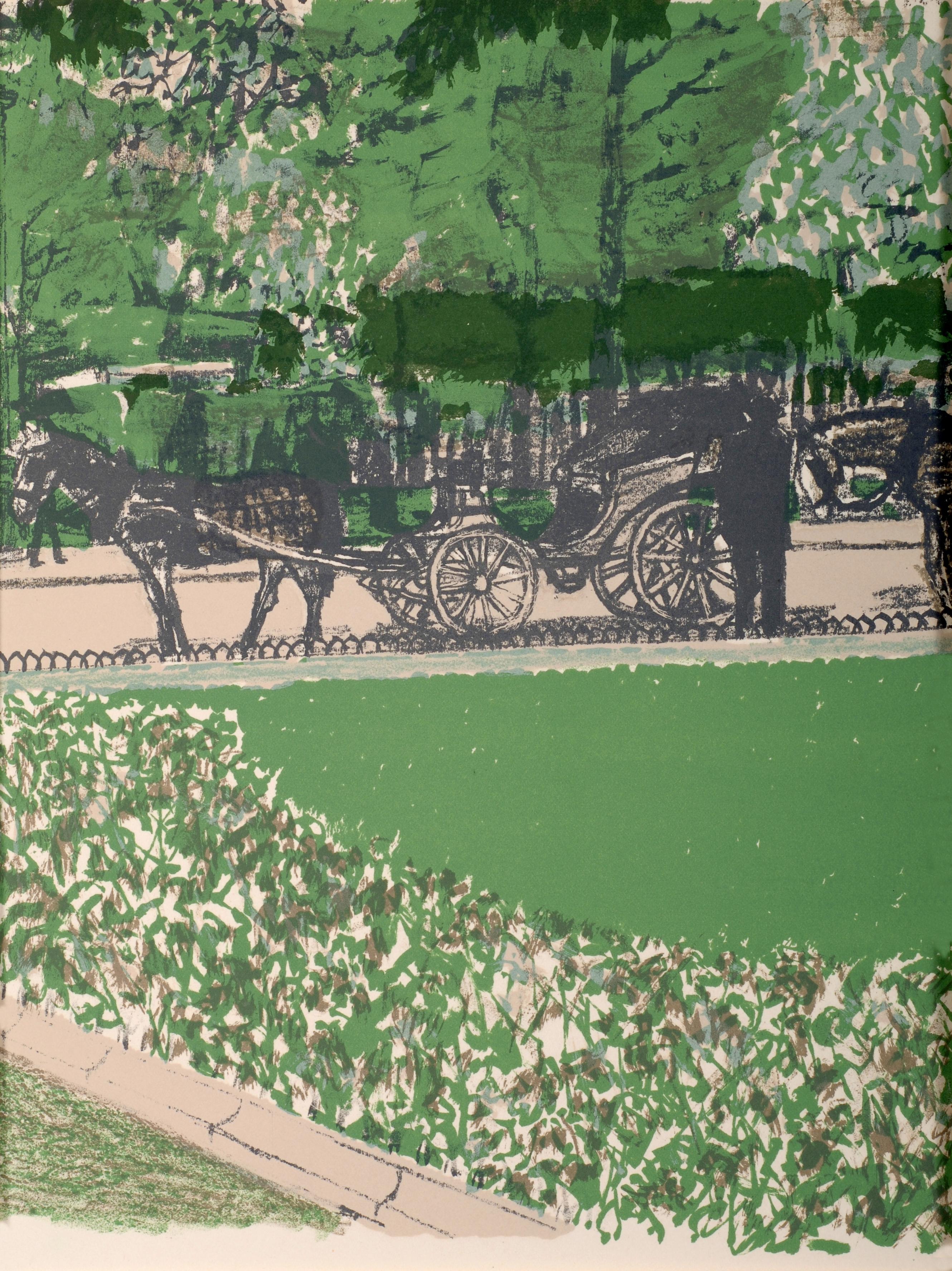 Maurice Brianchon Landscape Print - Horse and Carriage in the Park, Regards sur Paris