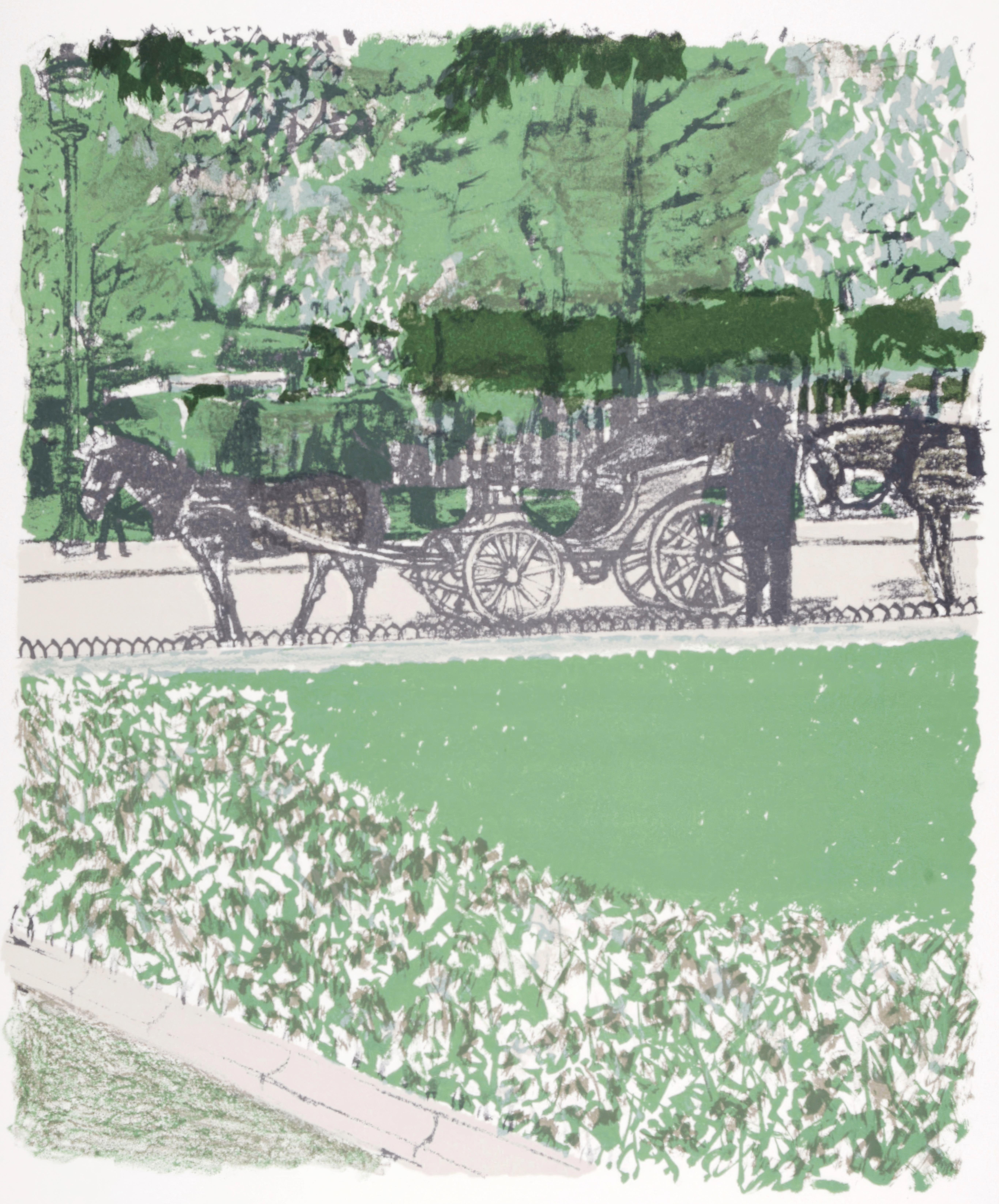 This exquisite lithograph by Maurice Brianchon (1899–1979), titled La Caleche dans le parc (The Carriage in the Park), from Regards Sur Paris (Views of Paris), originates from the January 22, 1963 issue published by Andre Sauret, Editeur, Paris, and