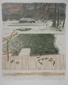 The Pond in Winter with Ravens - Original lithograph, Handsigned