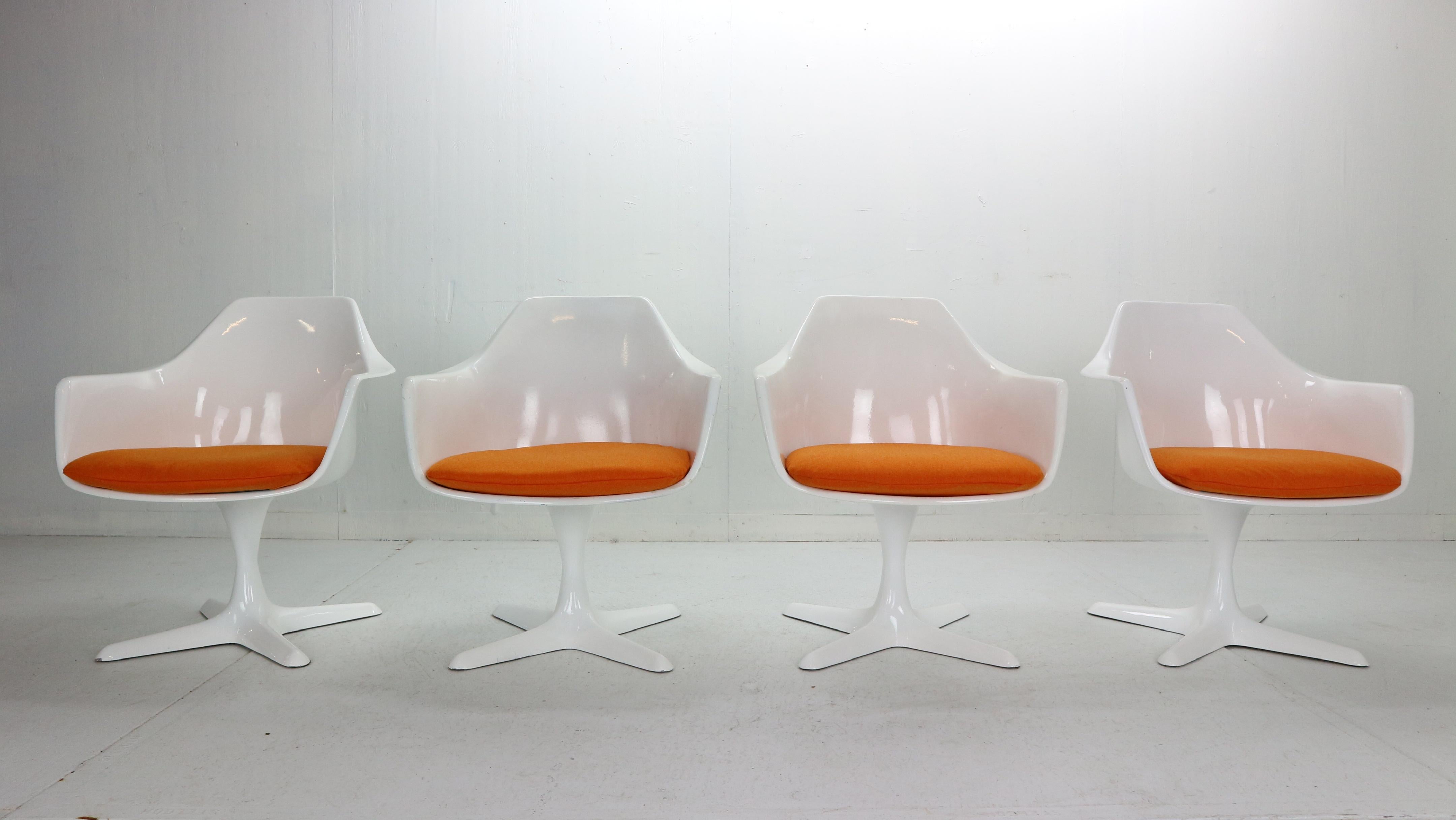 Space Age period set of four lounge chairs designed by Maurice Burke for Arkana manufacture in 1960's period, UK.
Model No. 116- all of the chairs are originally marked.
Seatings and shelve form back and arm rests are made of white fibreglass,