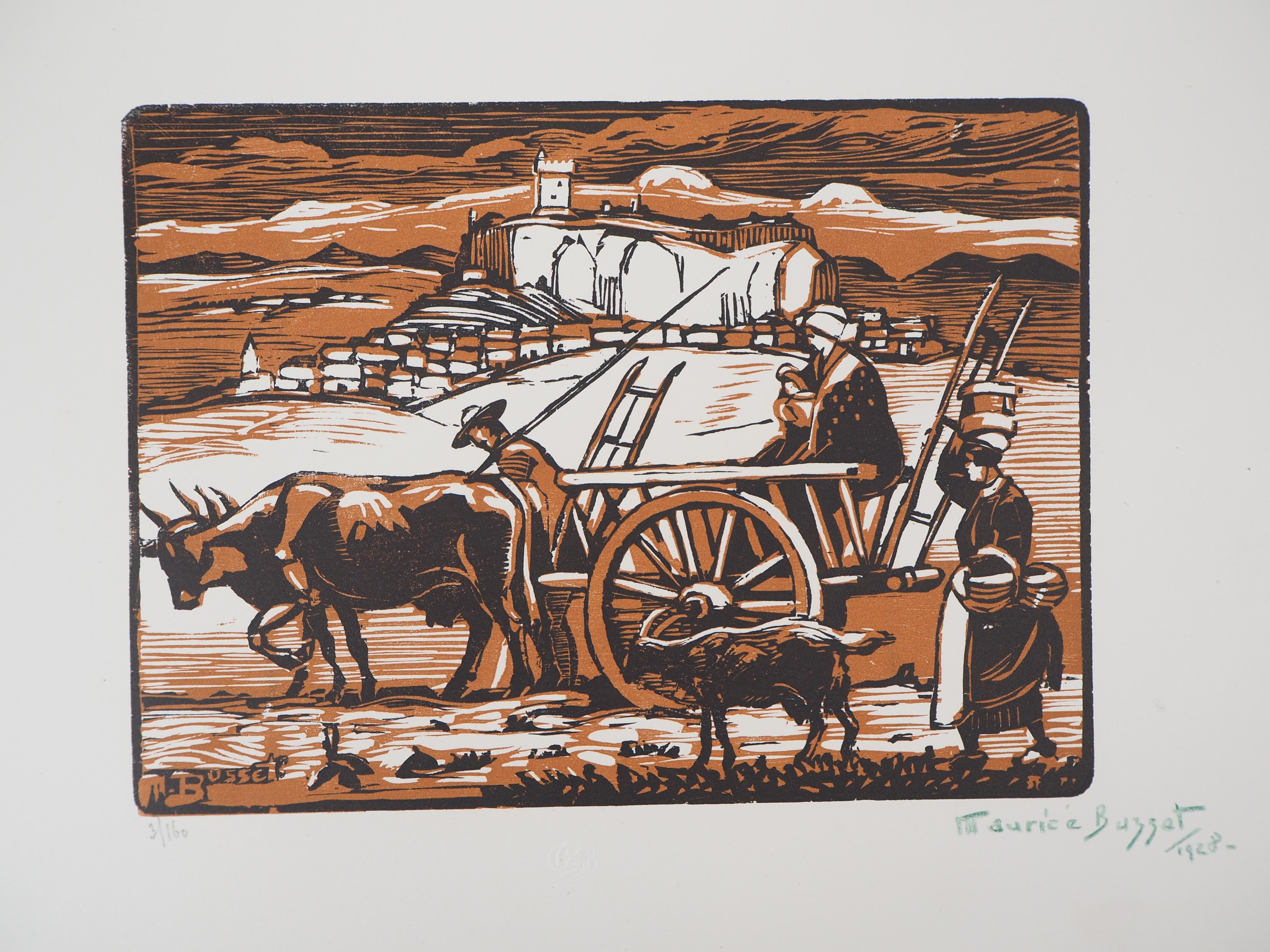 Peasants in Front of a Castle - Original wooodcut, Handsigned - Print by Maurice BUSSET