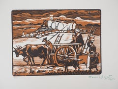 Peasants in Front of a Castle - Original wooodcut, Handsigned
