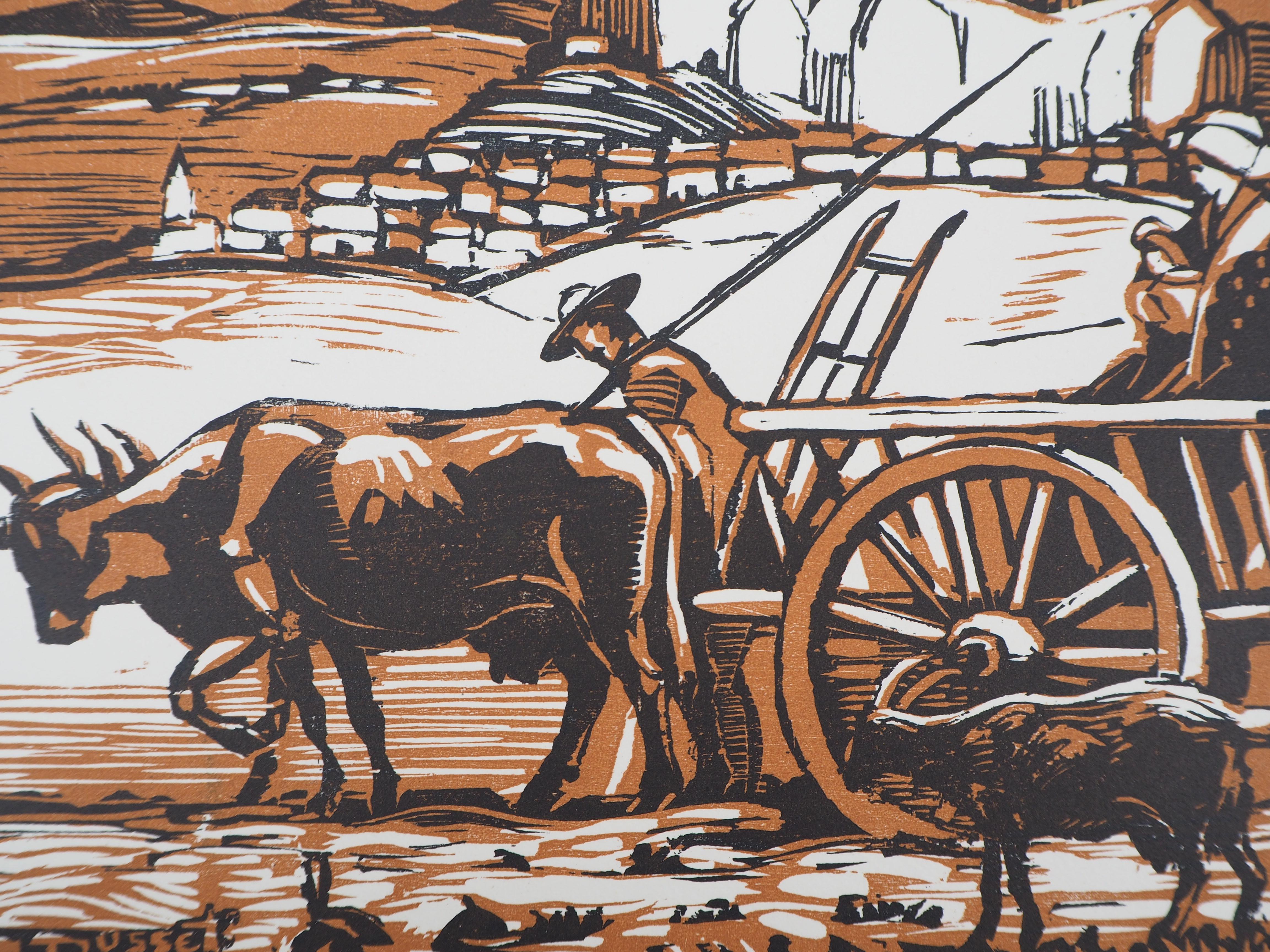 Peasants in Front of a Castle - Original wooodcut, Handsigned - Art Deco Print by Maurice BUSSET