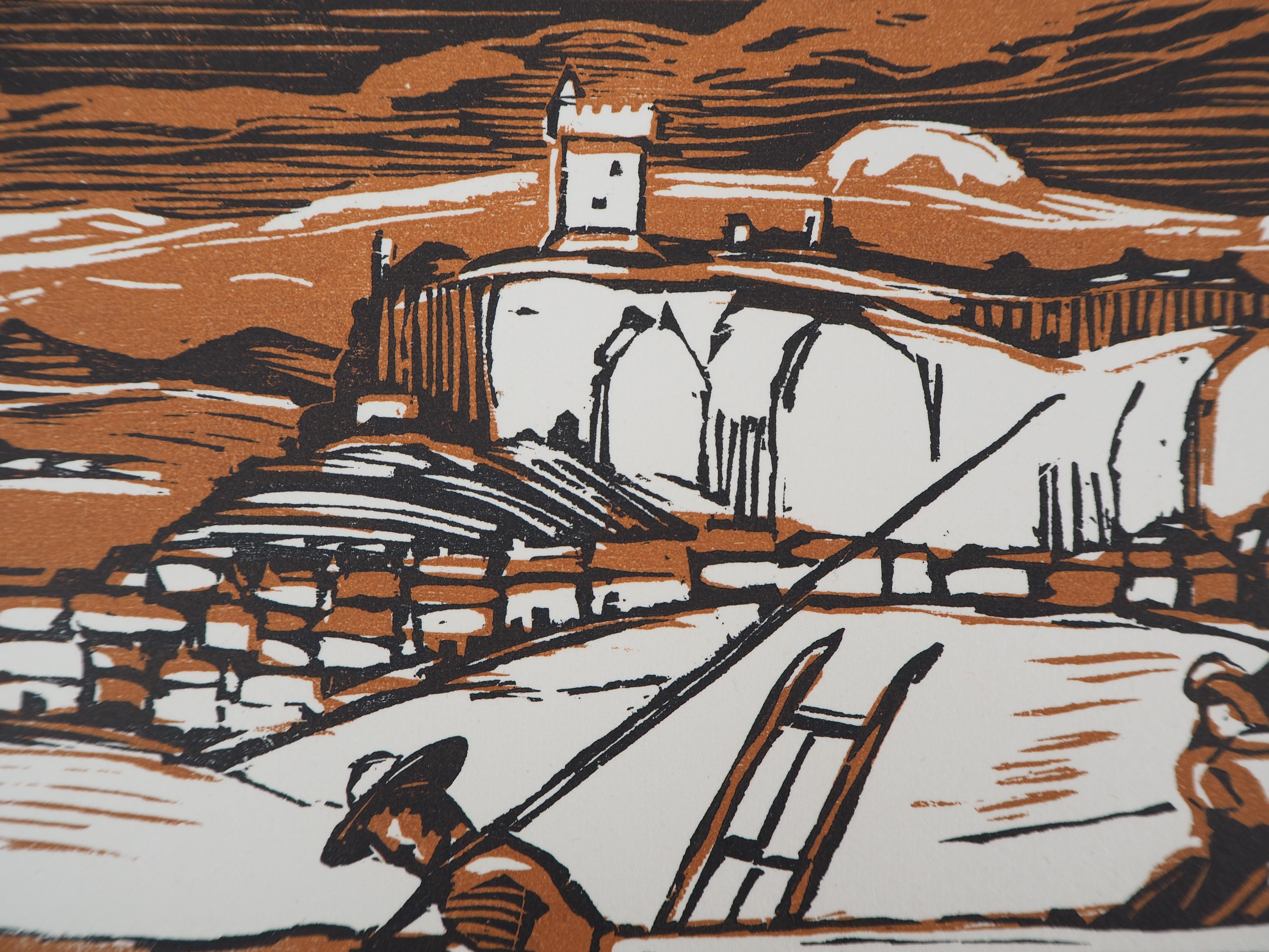 Peasants in Front of a Castle - Original wooodcut, Handsigned - Beige Animal Print by Maurice BUSSET