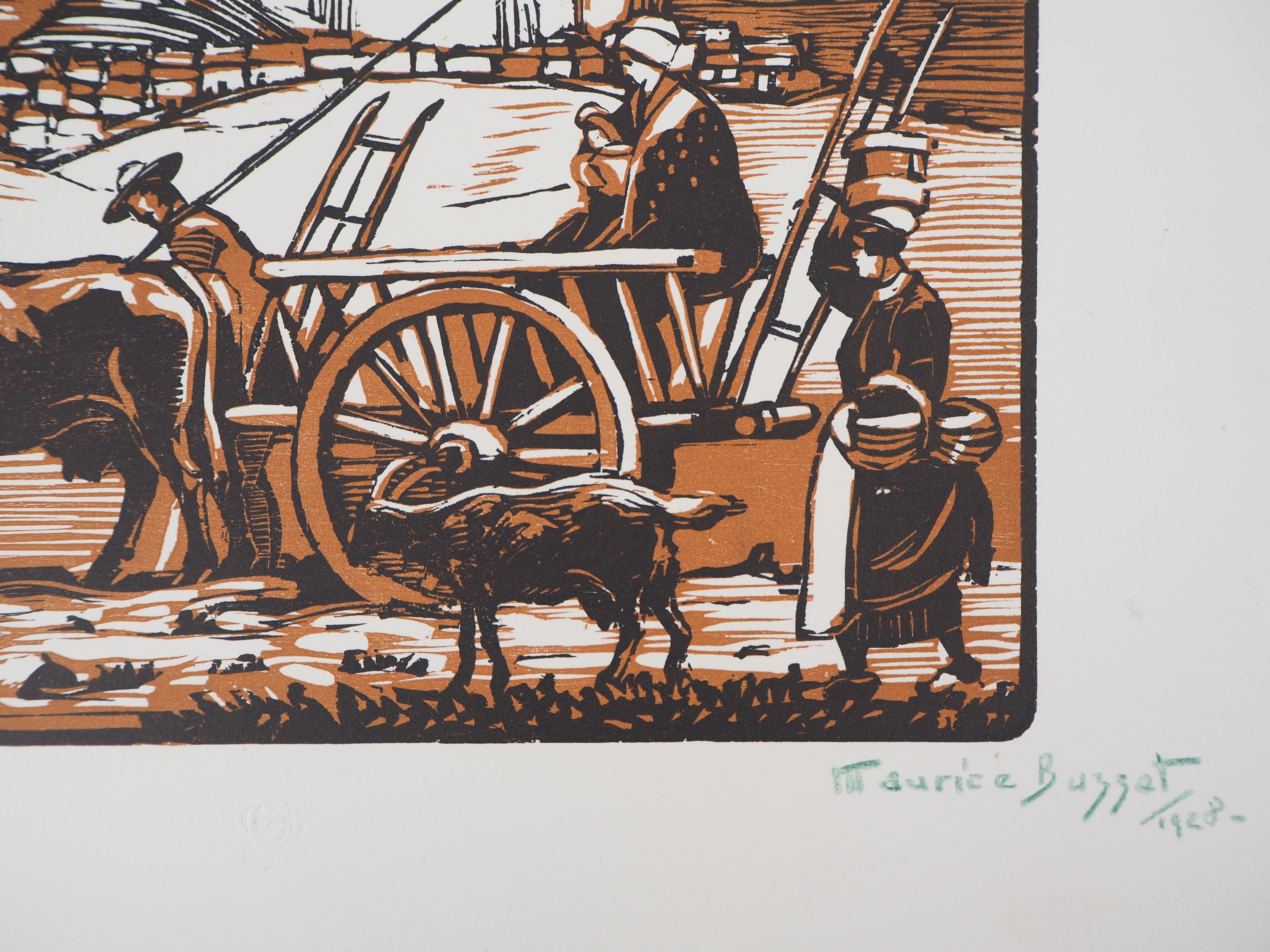 Peasants in Front of a Castle - Original wooodcut, Handsigned For Sale 1