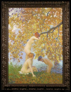 Automne - Symbolist Nude Figures in Landscape Oil Painting by Maurice Chabas