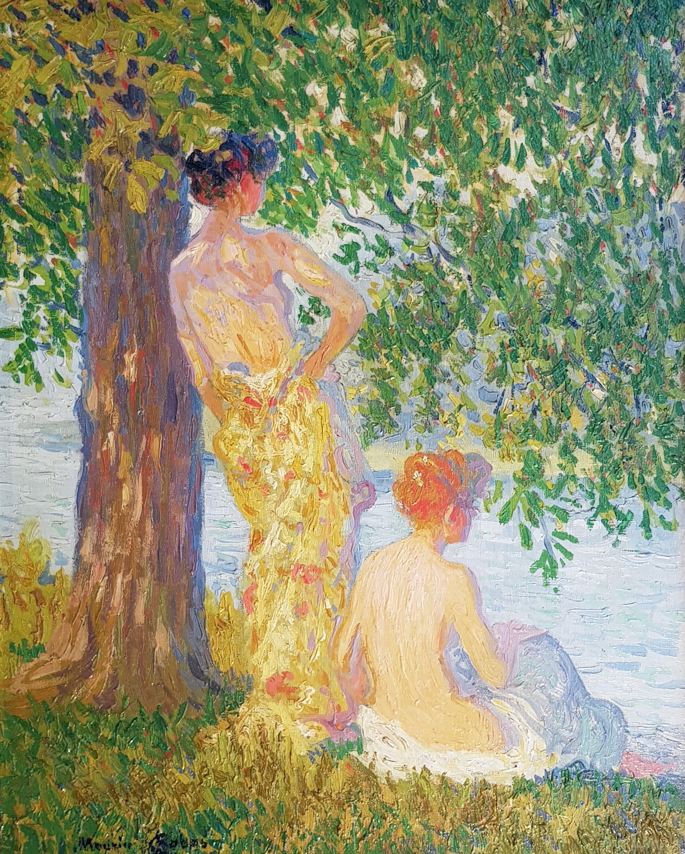 Maurice Chabas Landscape Painting - 'Bathers' Impressionist Figurative Landscape from the early 20th Century