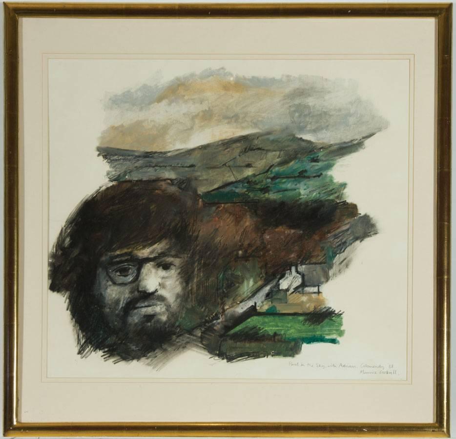 A signed 1968 Modern British mixed media artwork by Maurice Cockrill RA (1936-2013) titled ''Paul in the Sky, with Adrian, Colomendy'.  Signed, dated and inscribed to the lower right in pencil. Presented in a double card mount and gold frame.