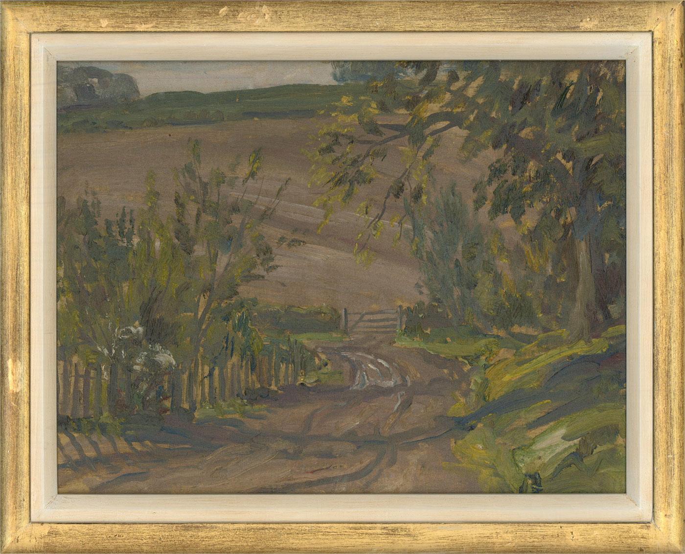 This delightful landscape scene depicts a country tack leading to a gated field. The artist uses dynamic forms to create a sense of movement within the compositions with expressive lines and gestural brushwork. Unsigned. On board.


