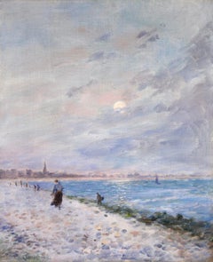 Normany Beach at Night - Impressionist Oil, Coastal Landscape by Maurice Courant