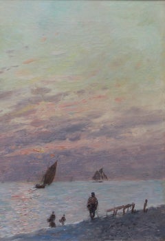 The Beach at Sainte Adress on the French coast. Oil on Canvas, Framed