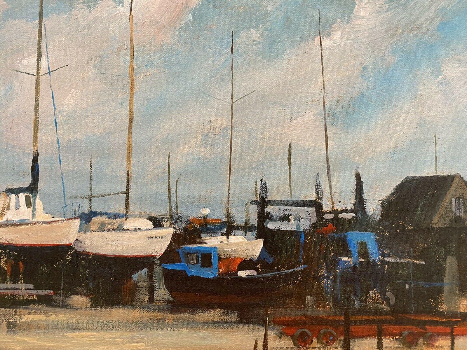 Maurice Crawshaw (né en 1947) Huile impressionniste signée - Boats Moored At The Harbour en vente 1
