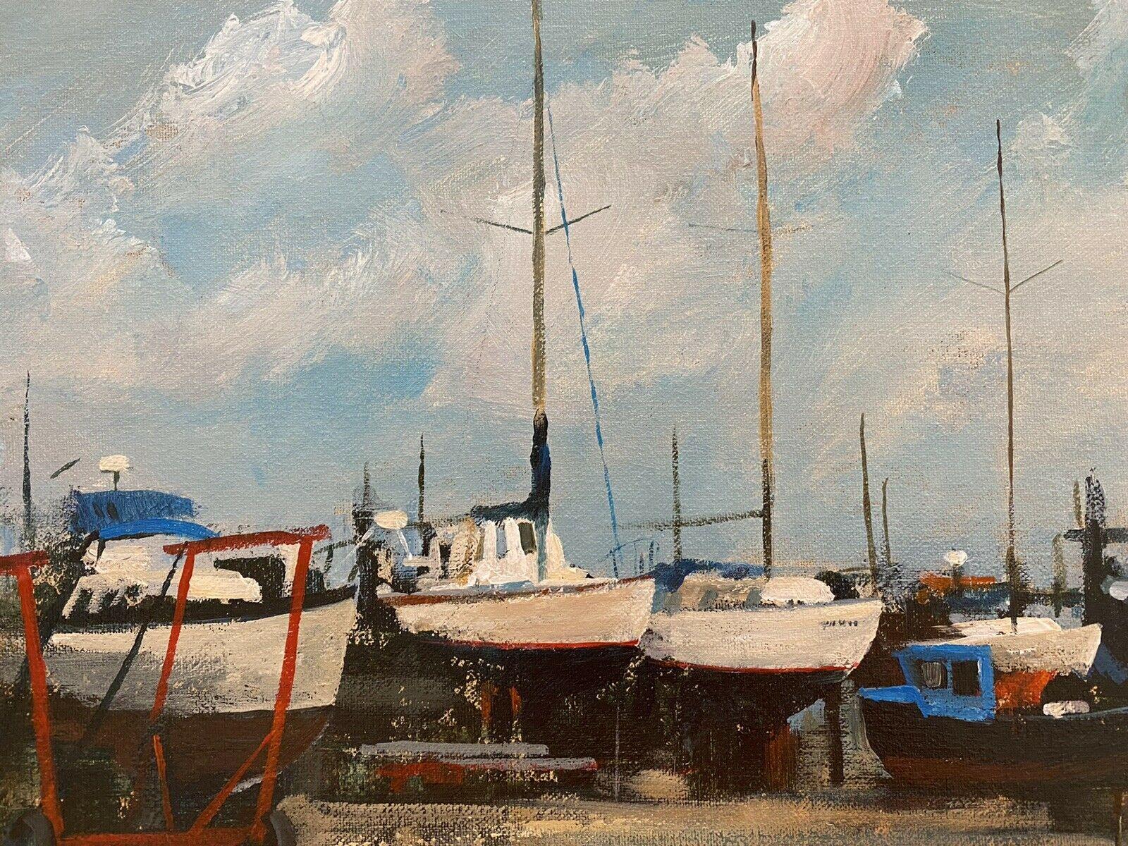 Maurice Crawshaw (né en 1947) Huile impressionniste signée - Boats Moored At The Harbour en vente 2