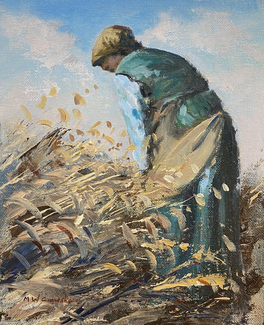 "The Harvester"
by Maurice Crawshaw (British, born 1947)
signed lower corner
oil painting on board, unframed

board measurements:10 x 7.5inches

provenance: private collection, England

A very lovely English Impressionist oil painting by the well