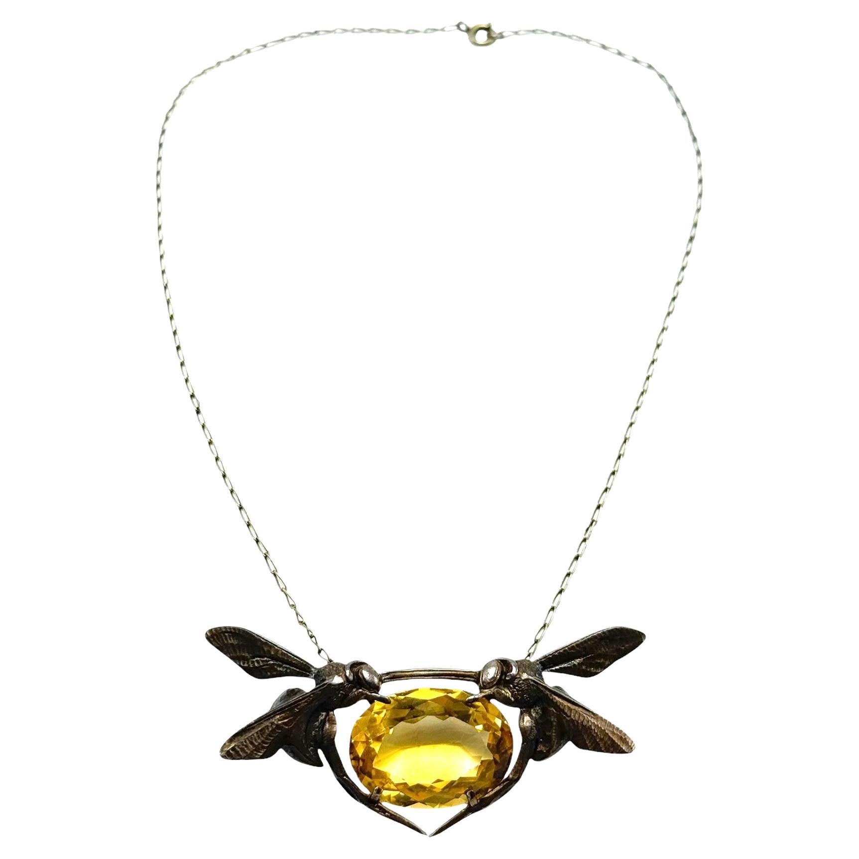 Maurice Daurat Art Nouveau Sterling Silver Necklace with Citrine and Dragonfly