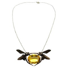 Antique Maurice Daurat Art Nouveau Sterling Silver Necklace with Citrine and Dragonfly
