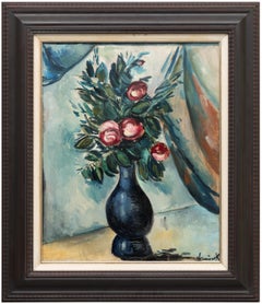 Bouquet de Pivoines dans un Vase Bleu, Floral Still Life Oil Painting, 1913-1914