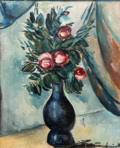 Bouquet de Pivoines dans un Vase Bleu, Floral Still Life Oil Painting, 1913-1914