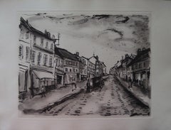 Calle principal de un pueblo tradicional francés - Grabado original