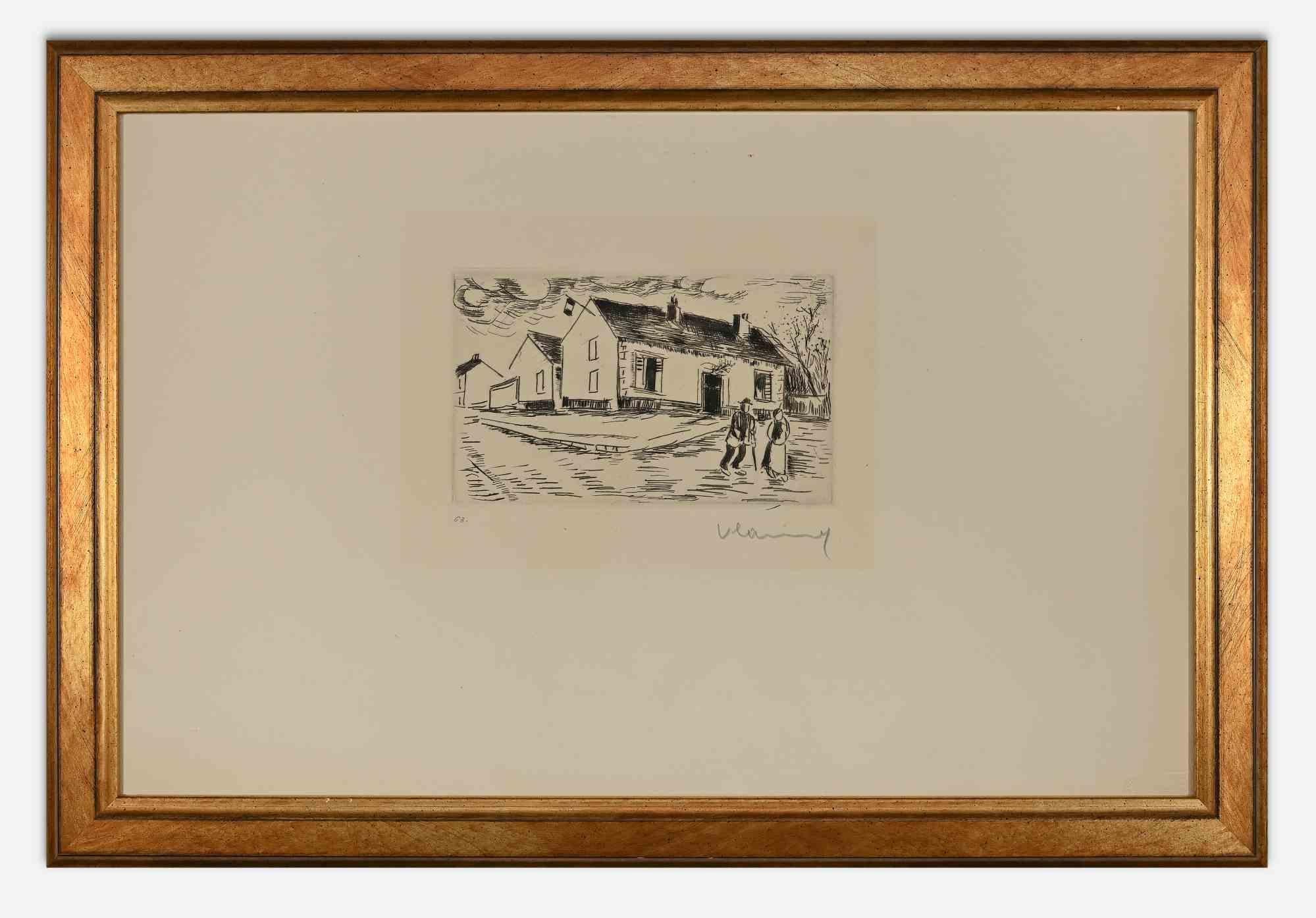 Village - Gravure de M. de Vlaminck - 1950 - Print de Maurice de Vlaminck