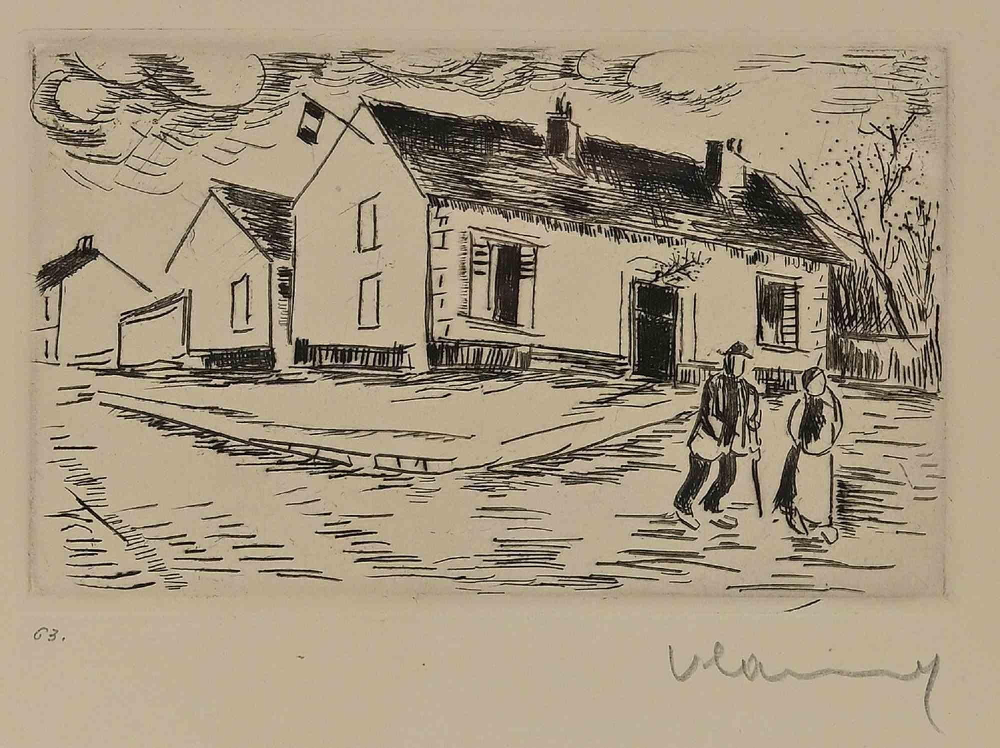 Maurice de Vlaminck Landscape Print - Village - Etching by M. de Vlaminck - 1950