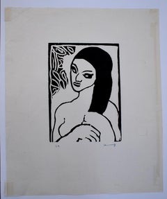 Young girl Combing her Hair - Signed  Woodcut - Fauve Art