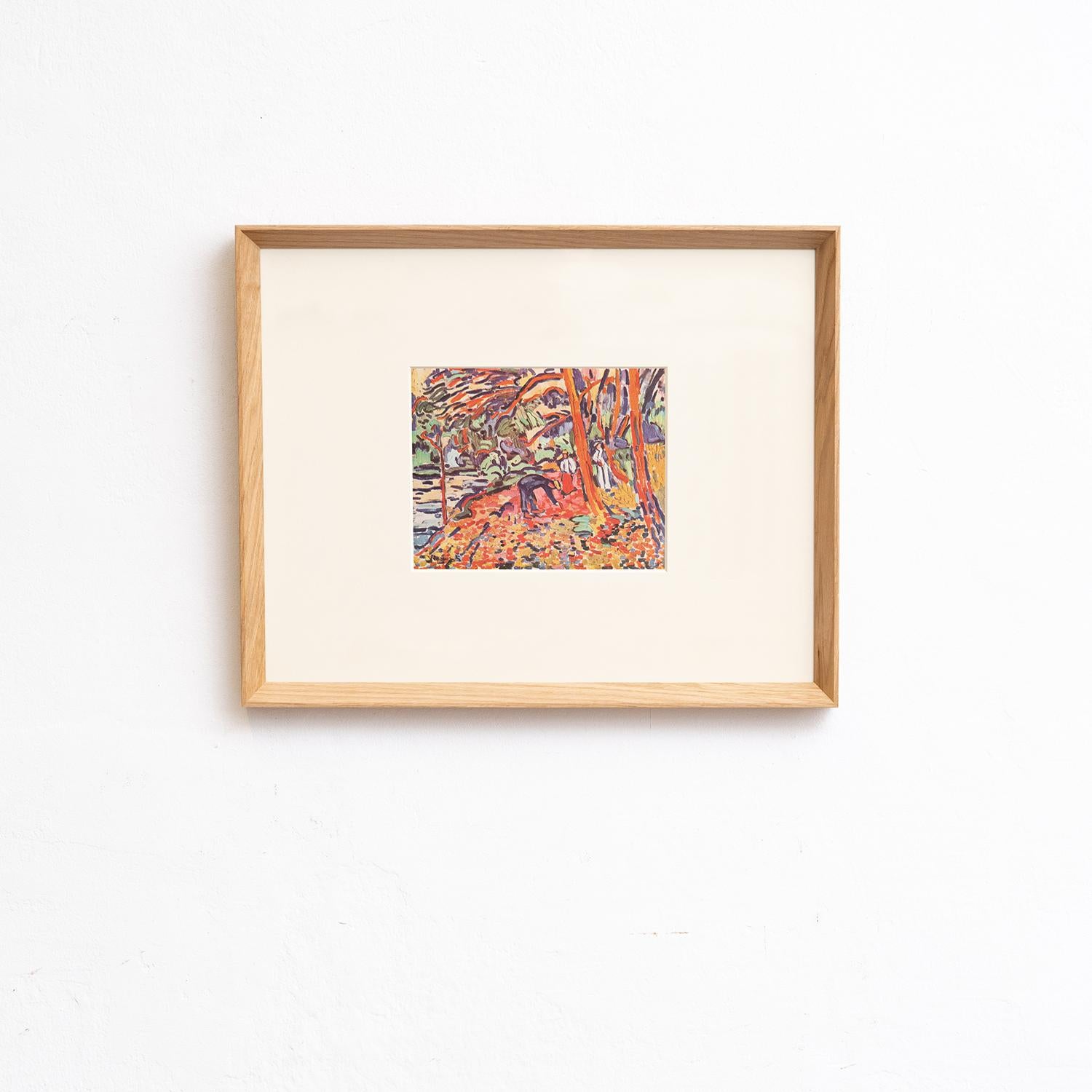 Step into the world of Fauvism with this vivid color cliché print by Maurice de Vlaminck, meticulously edited by Editions du Chêne in Paris, France, in 1948. Encased in a solid wood frame measuring 54 cm in height, 43.5 cm in width, and 3.5 cm in
