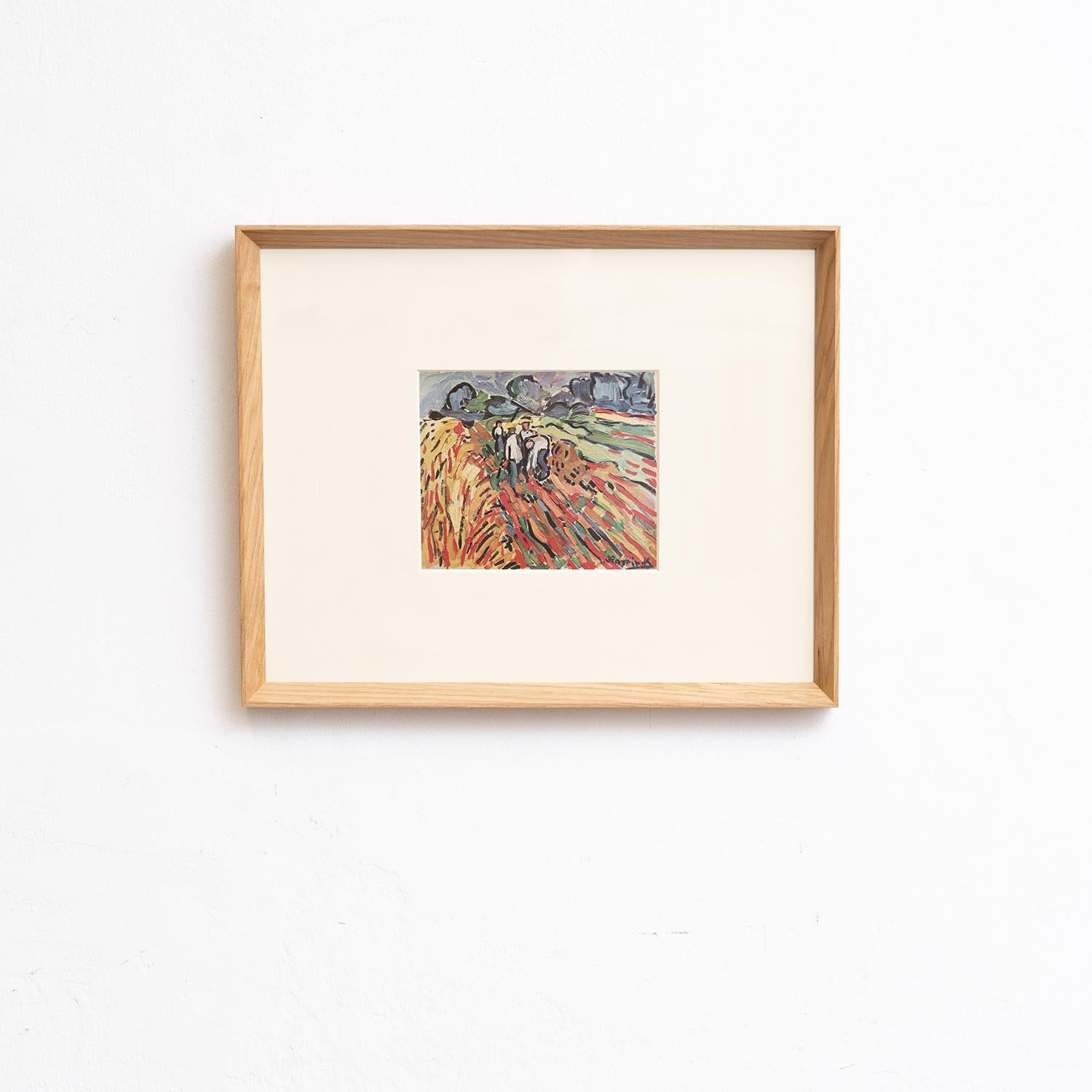 Step into the world of Fauvism with this vivid color cliché print by Maurice de Vlaminck, meticulously edited by Editions du Chêne in Paris, France, in 1948. Encased in a solid wood frame measuring 54 cm in height, 43.5 cm in width, and 3.5 cm in