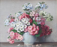 « Primes » dans un vase. Nature morte de fleurs. Huile sur toile Maurice Decamps