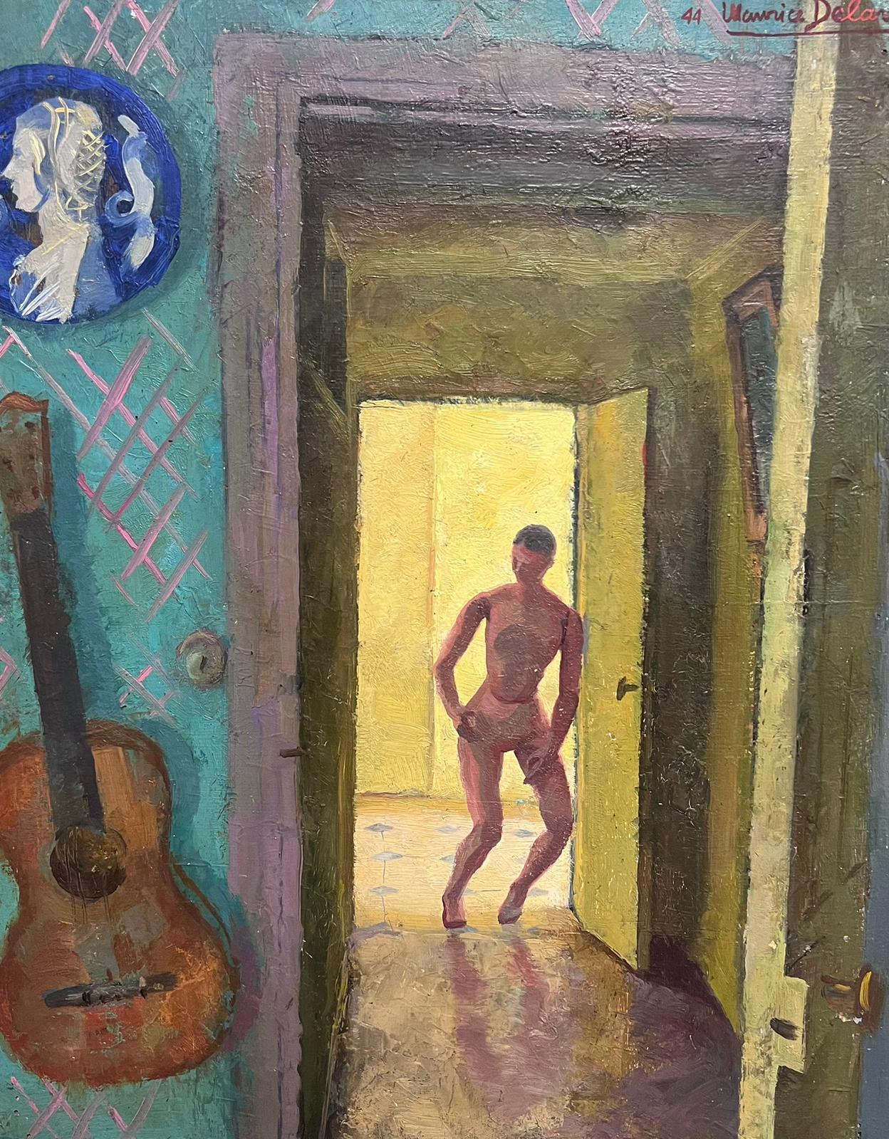 1940's French Signed Modernist Ölgemälde Nude Figur im Zimmer Interieur – Painting von Maurice Delavier