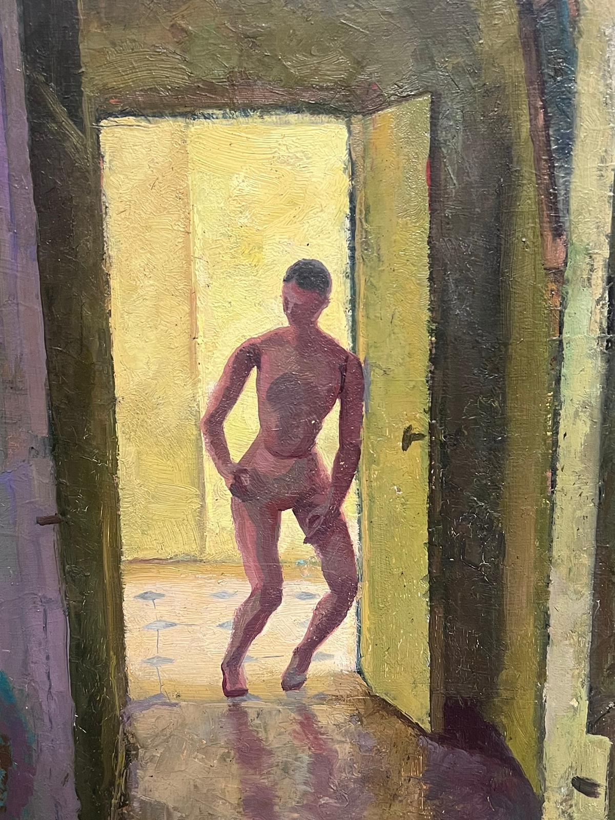 1940's French Signed Modernist Oil Painting Nude Figure in Room Interior For Sale 4