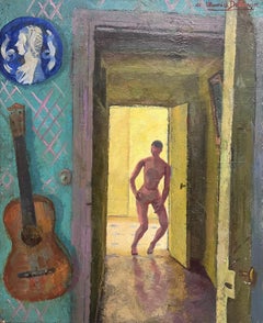 1940's French Signed Modernist Oil Painting Nude Figure in Room Interior