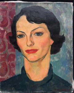 Pintura al óleo firmada por un colorista modernista francés de los años 50 Retrato de dama a la moda