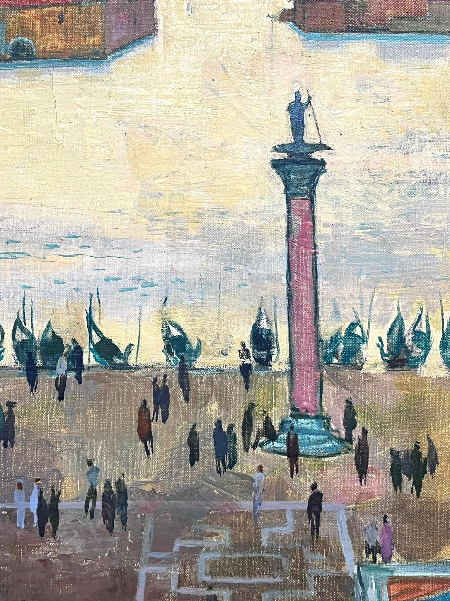 1950's French Modernist Colorist Signed Oil Painting St. Mark's Square Venice - Gray Figurative Painting by Maurice Delavier