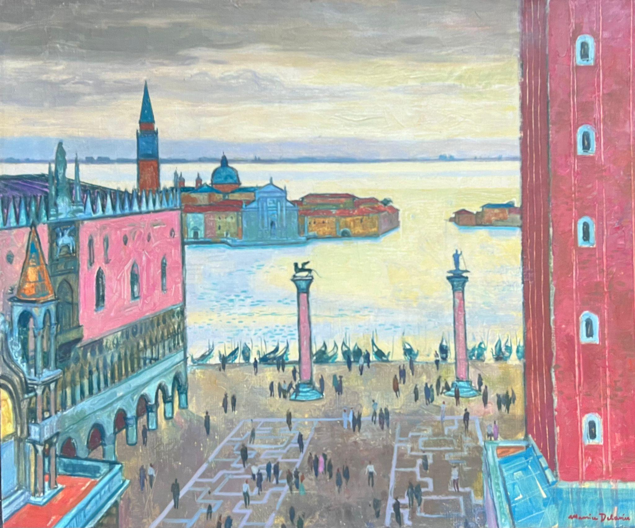 Maurice Delavier Figurative Painting - 1950's French Modernist Colorist Signed Oil Painting St. Mark's Square Venice
