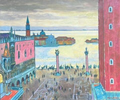 Vintage 1950's French Modernist Colorist Signed Oil Painting St. Mark's Square Venice