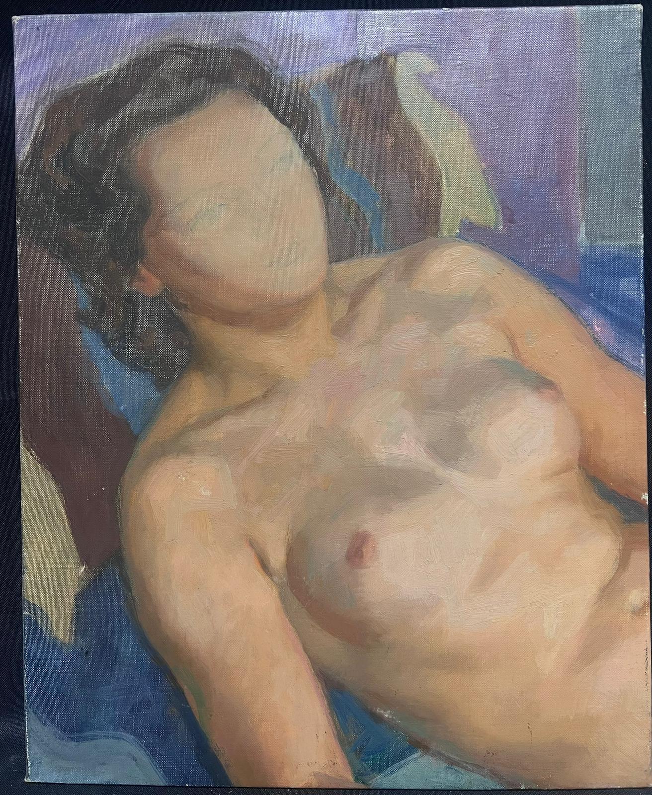 Peinture à l'huile moderniste française des années 1950 représentant un portrait d'une femme nue - Painting de Maurice Delavier