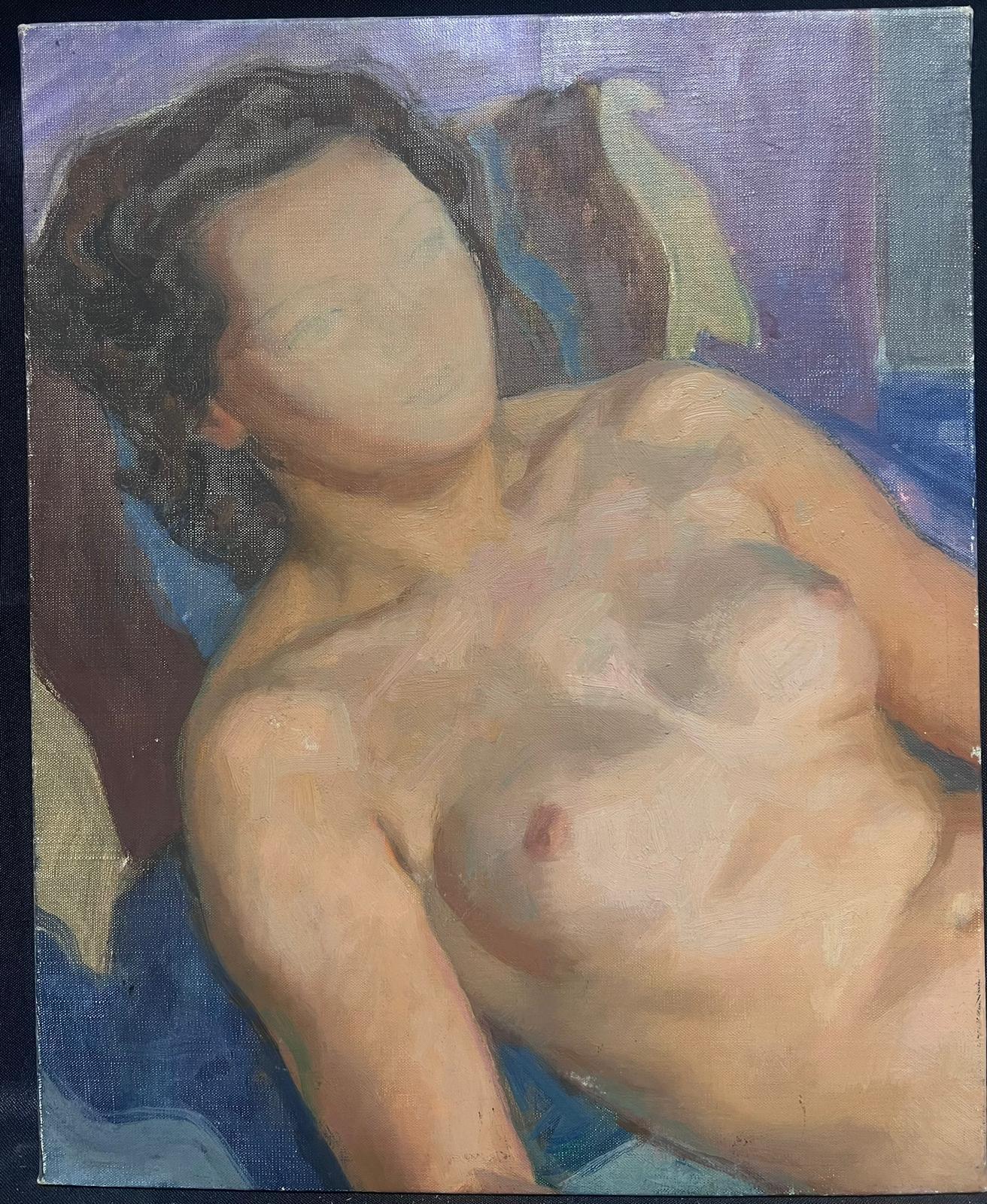 Pintura al óleo modernista francesa de los años 50 Boceto de retrato de dama desnuda - Painting de Maurice Delavier