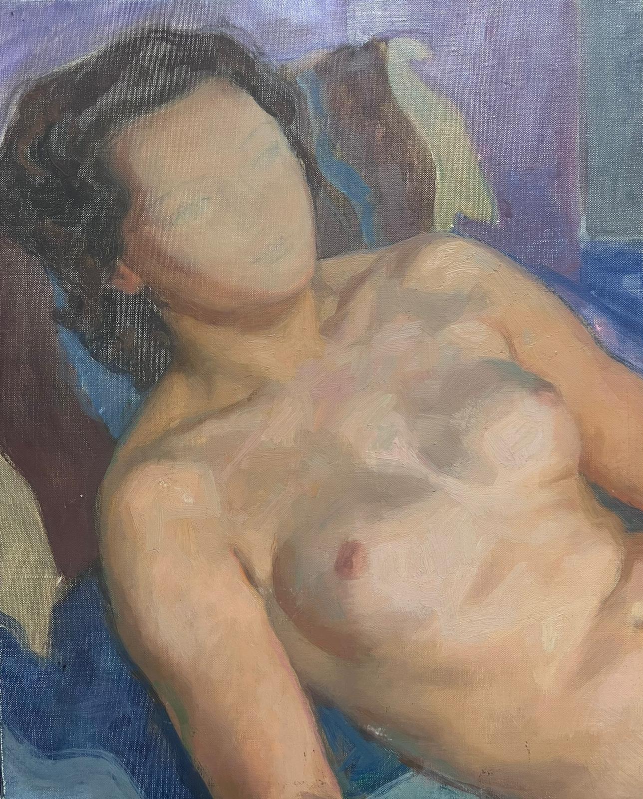 Peinture à l'huile moderniste française des années 1950 représentant un portrait d'une femme nue