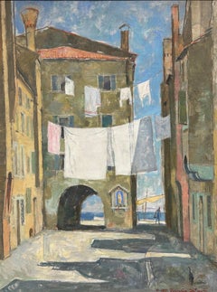 Retro French Impressionist Oil Painting Clothes Drying Washing Line Venice Courtyard