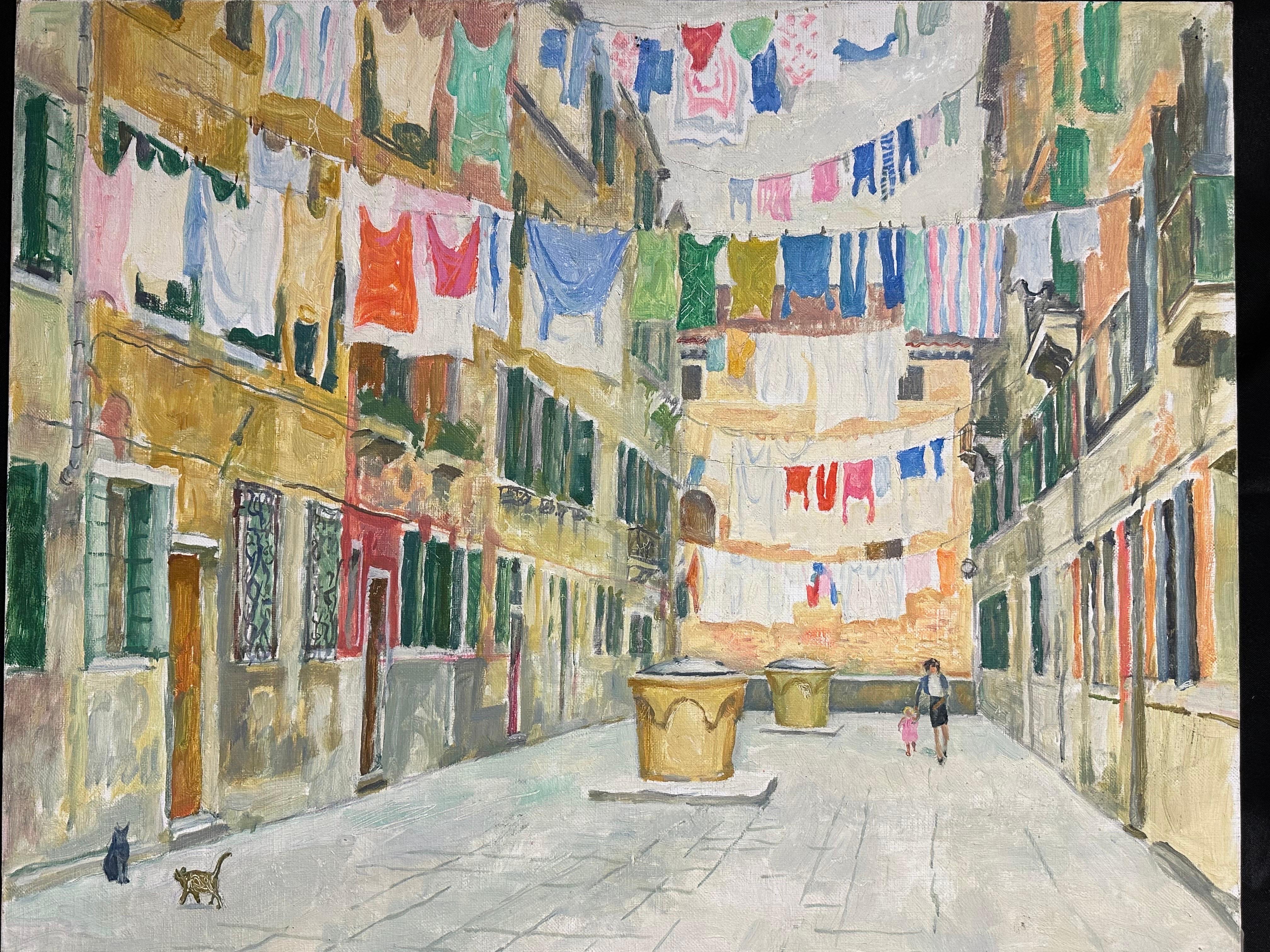 Maurice Delavier Landscape Painting - Large French Impressionist Oil Painting Clothes Drying on Washing Line Venice