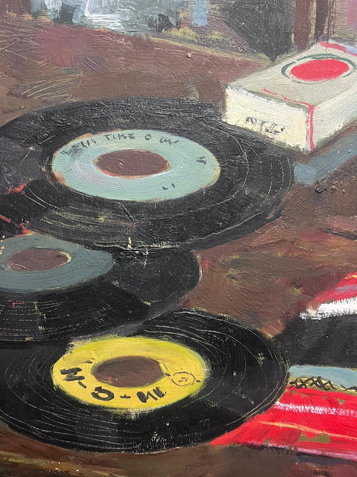 Mid 20th Century French Modernist Still Life Vinyl Records Paint Brushes etc - Brown Interior Painting by Maurice Delavier