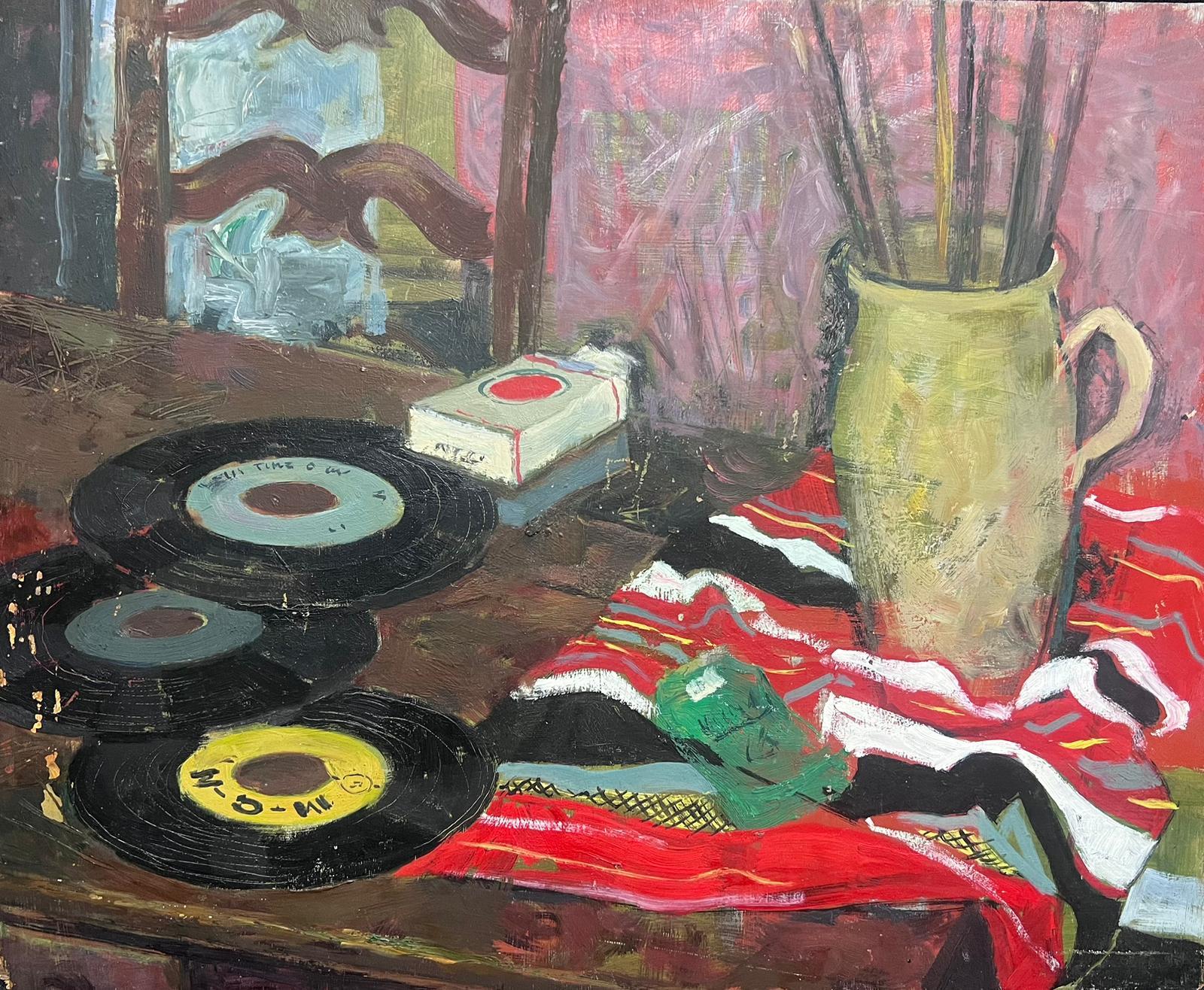 Maurice Delavier Interior Painting - Mid 20th Century French Modernist Still Life Vinyl Records Paint Brushes etc