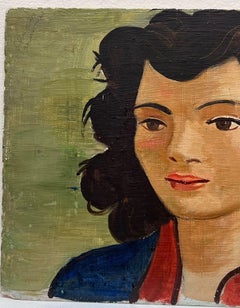 Mediados del siglo XX Elegante Retrato de una joven pintura al óleo francesa