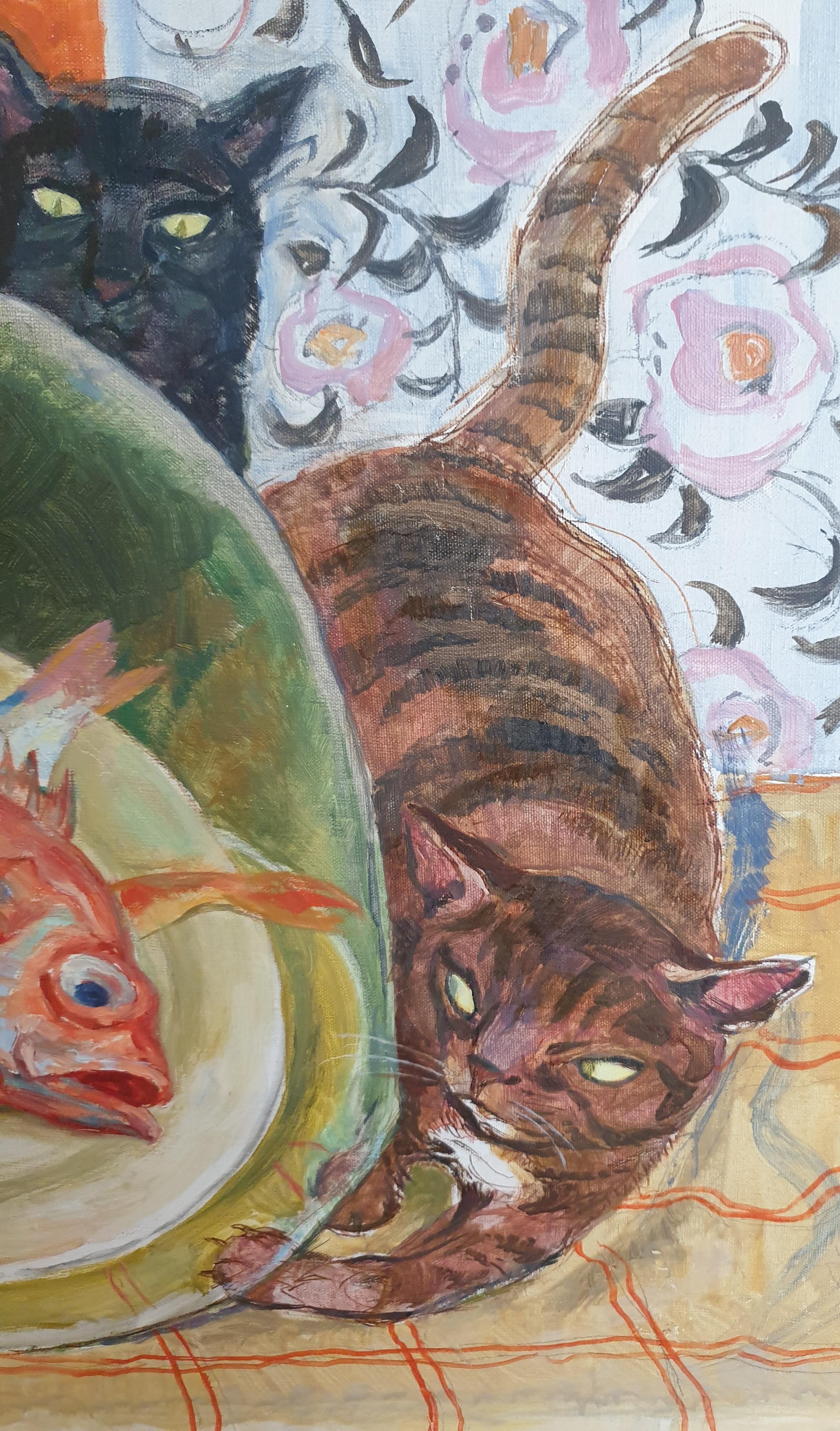 Chattes coquines ! Hommage à Matisse, huile sur toile. - Marron Interior Painting par Maurice Delavier