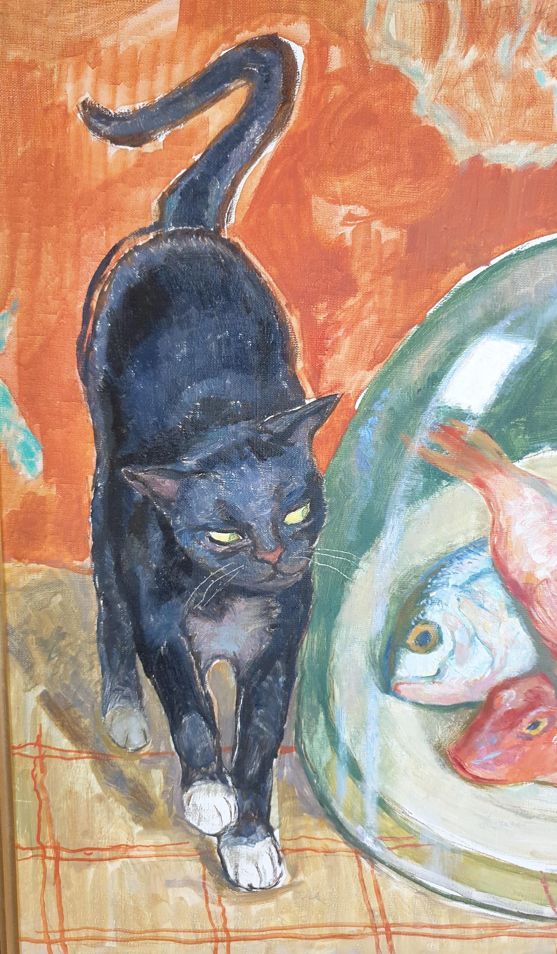 Huile sur toile de la fin du XXe siècle représentant une scène d'intérieur avec des chats et des poissons par l'artiste français Maurice Delavier, signée et datée (novembre 82) en bas à droite. Présenté dans un cadre en bois fin avec un insert en