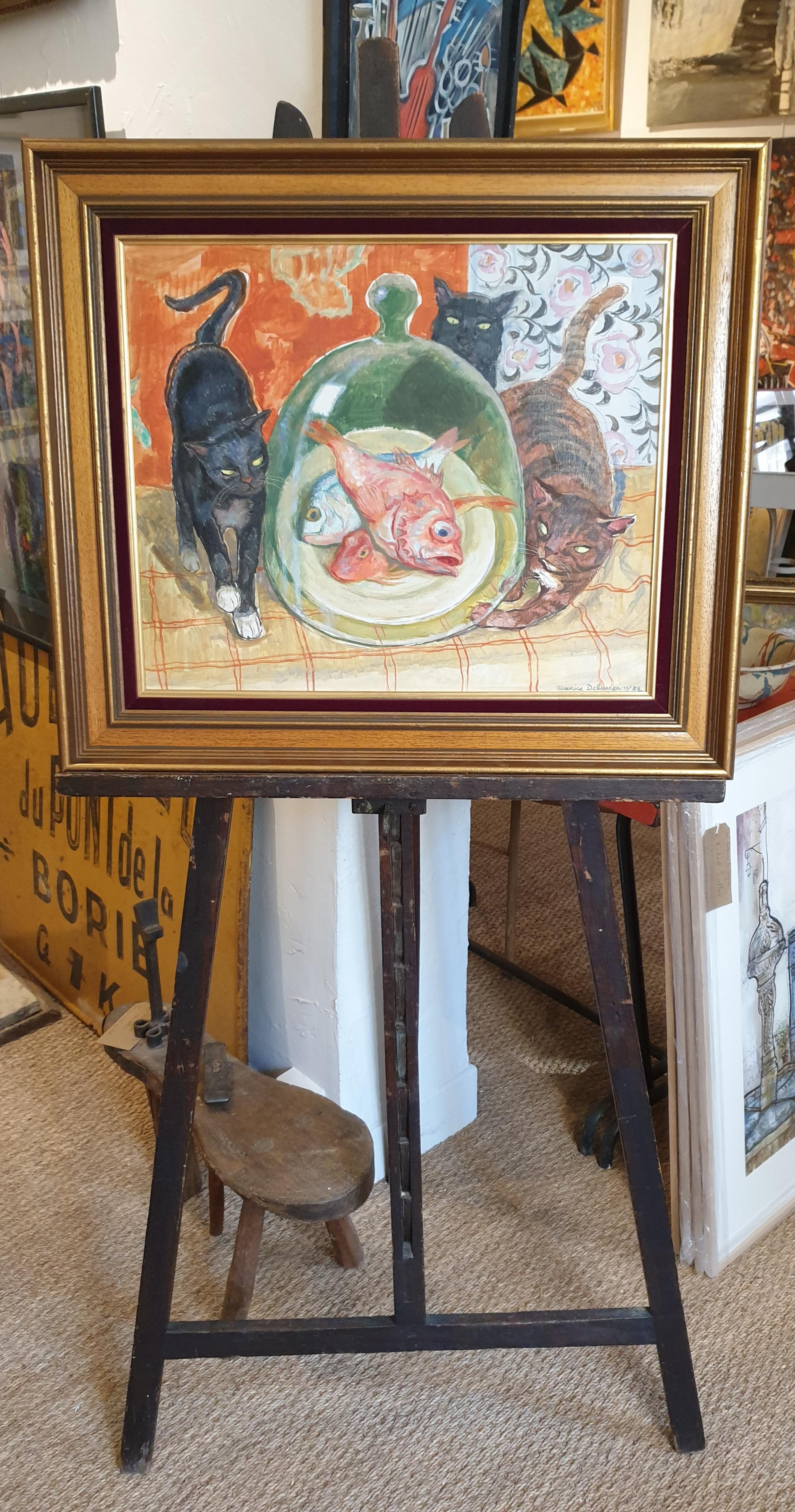 Late 20th century oil on canvas of an interior scene with cats and fish by French artist Maurice Delavier, signed and dated (November '82) to the bottom right. Presented in fine wood frame with velvet insert.

A totally charming, beautifully drawn