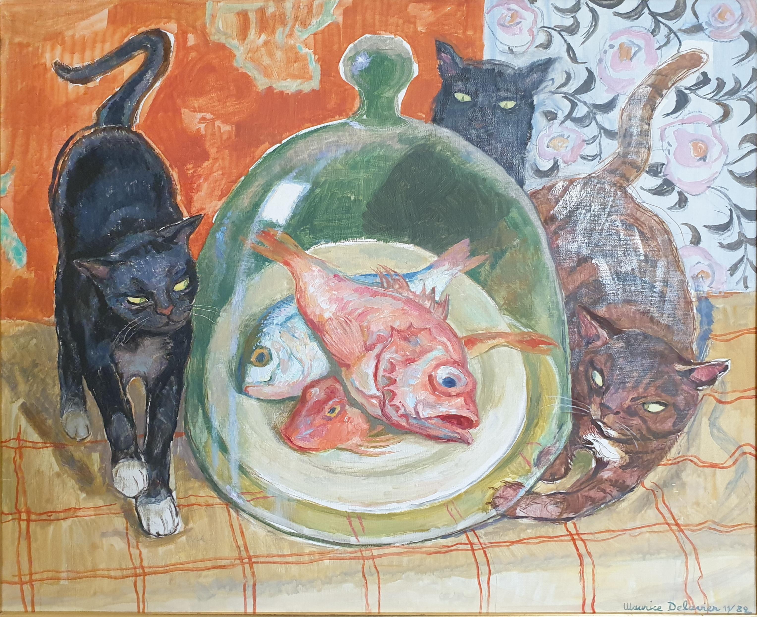 Maurice Delavier Interior Painting – Ungezogene Muschis!! Hommage a Matisse, Öl auf Leinwand.