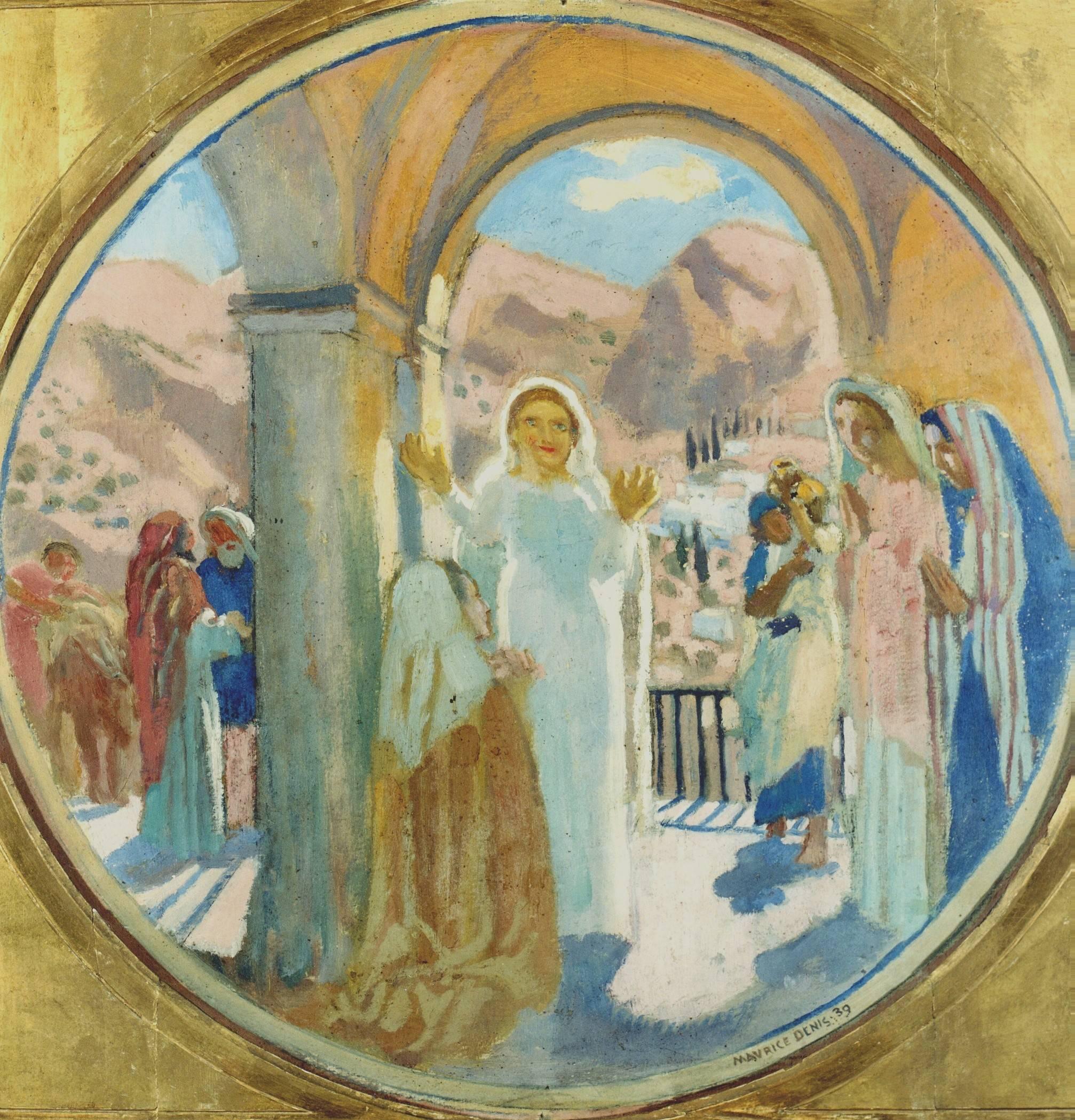 Maurice Denis (1870-1943) Visitation (de la Vall�ée de Finhaut), 1939, oil on cardboard, signed and dated lower right.
This is a study by Maurice Denis about "The Visitation", amazing work that is part of a great decoration realized by the artist for