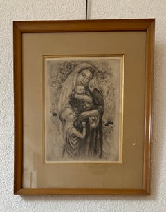 Madonna, Children and Cherub Etching, French School, 1920s, Framed